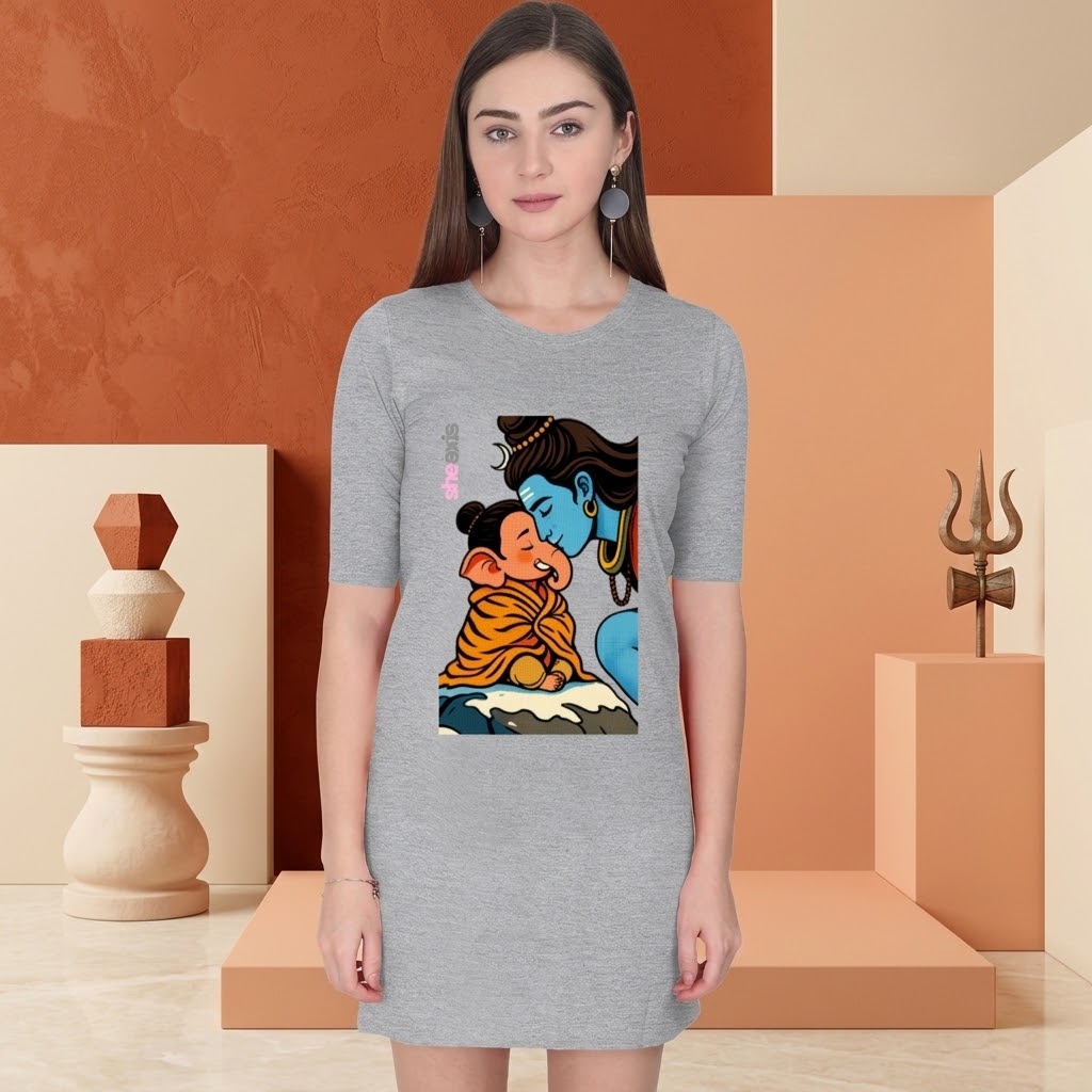 Cotton T-Shirt Dress | Ganesha & Shiva Printed Dress