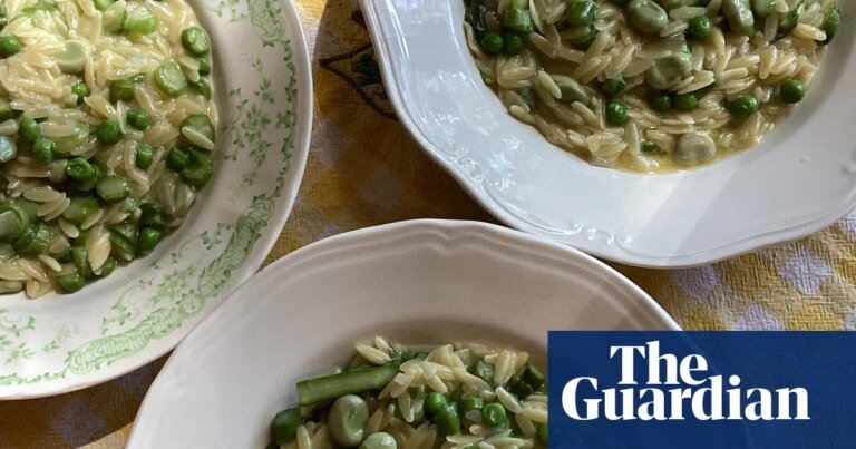 Rachel roddy’s recipe for orzo with peas, broad beans, asparagus, parmesan and lemon | food
