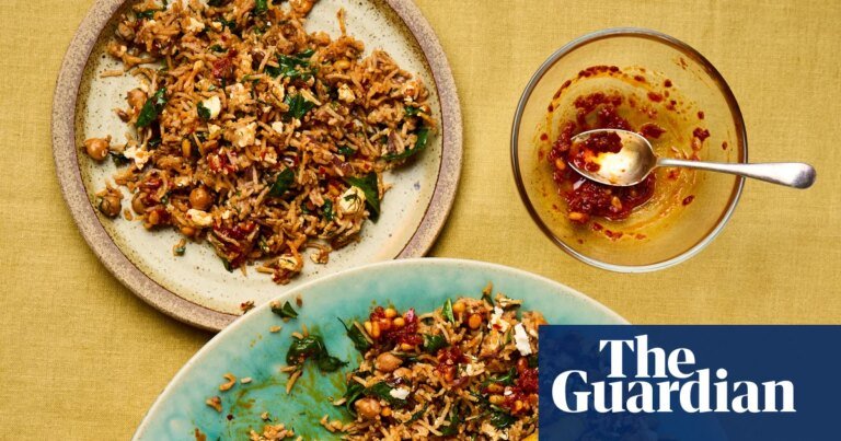 Meera sodha’s recipe for spring rice with feta, harissa and pine nut sauce | vegetables