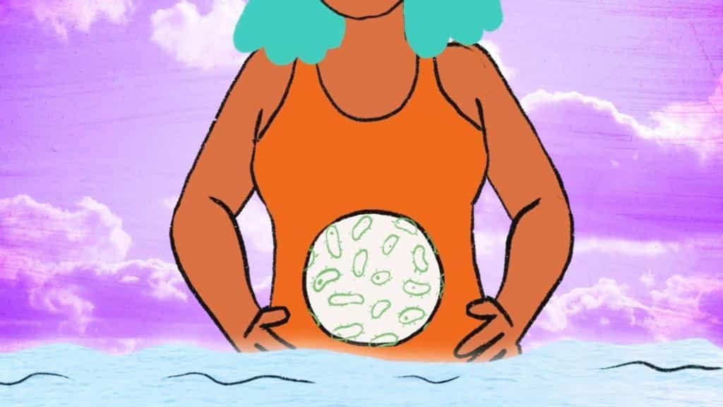 What's really going on in your gut? An illustration of a woman with microorganisms in her stomach area